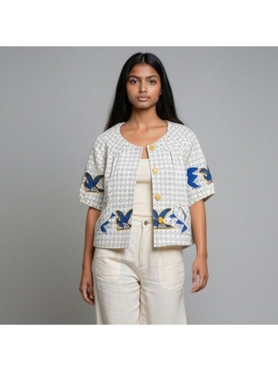 Taikonku Jackets & Blazers - Taikonku Anthropologie Cirikli Bird Print Retro Cropped Jacket Size 8 Blue & Yel